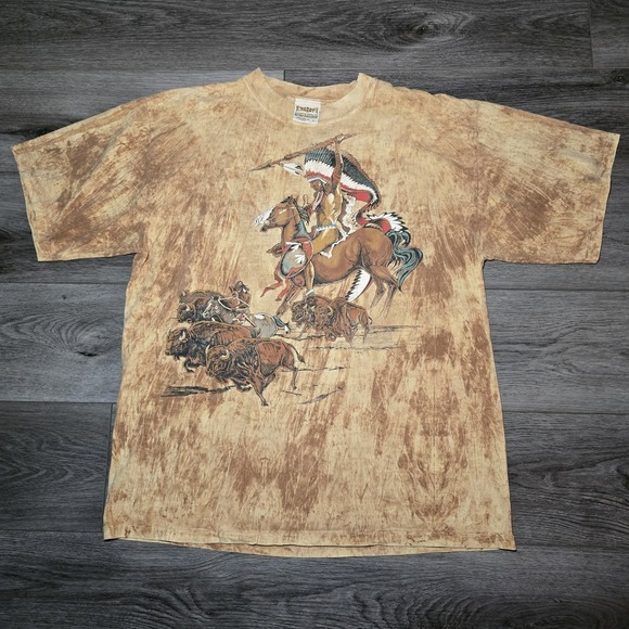 Vintage Ragtops Premium Native American Running Horses Hunting Buffalo‎ Sz L USA - Picture 1 of 9